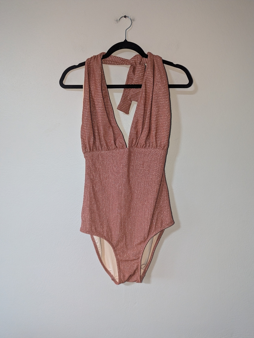 10 Shoshanna Shimmery Deep V Halter One-Piece Swimsuit in Amber - Picture 2 of 5